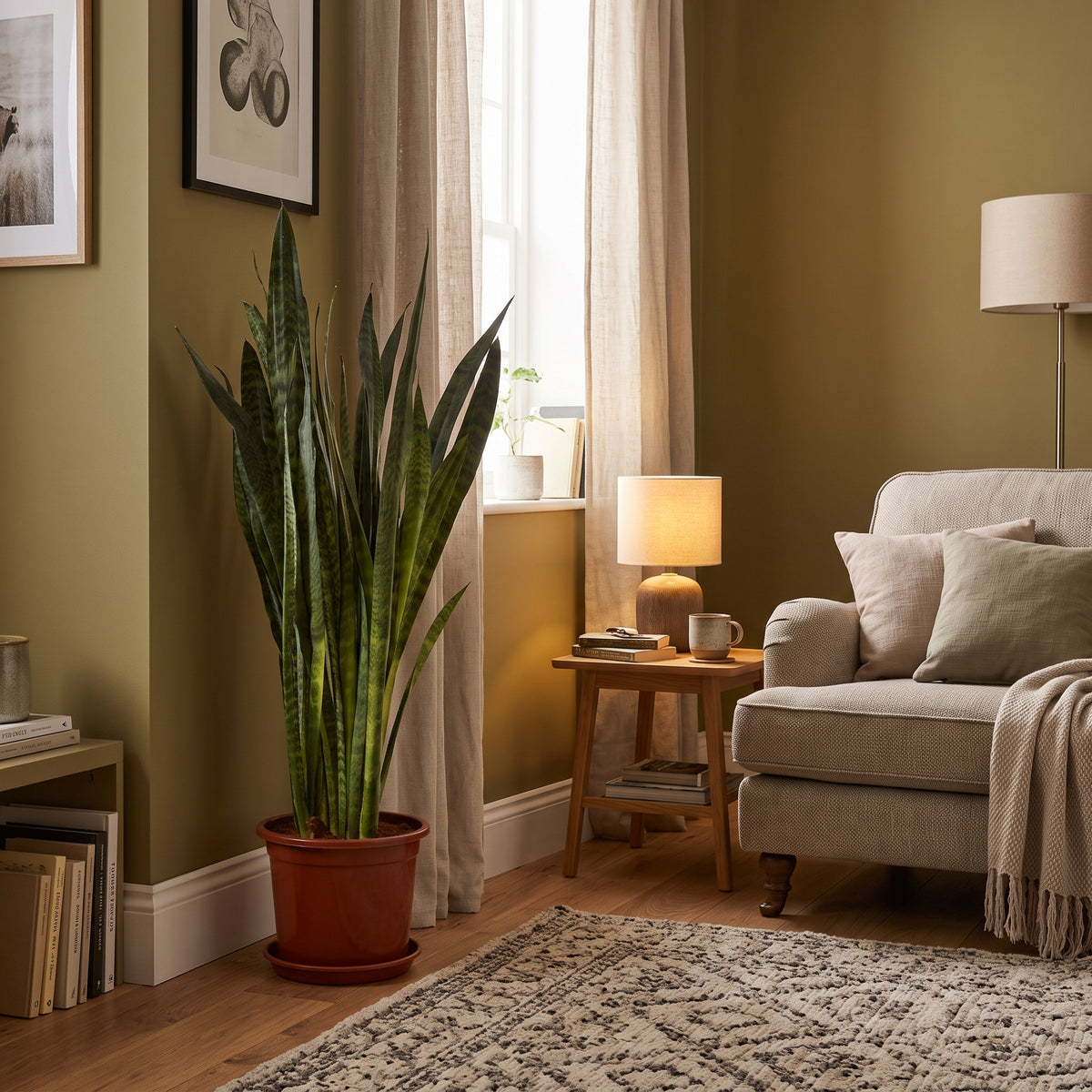 A large potted snake plant in a terracotta pot stands in a corner of a cozy living room with olive green walls, beige curtains, a wooden side table with a lit lamp, and a light gray armchair.