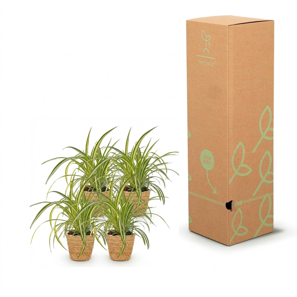 Four small potted spider plant cuttings in brown coir pots, shown next to their tall brown cardboard packaging box with light green leaf illustrations on a white background.