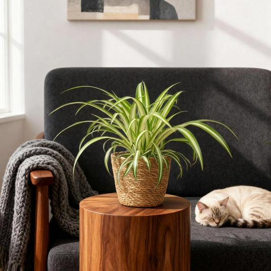 Cat sleeping on a dark gray sofa with a spider plant in a woven basket on a wooden side table.