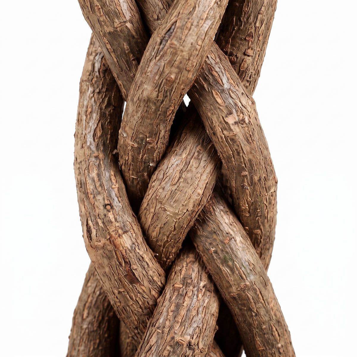 A close-up of a thick braided rope made from natural brown wood or rattan, shown against a plain white background.