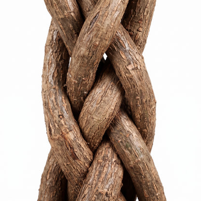 A close-up of a thick braided rope made from natural brown wood or rattan, shown against a plain white background.
